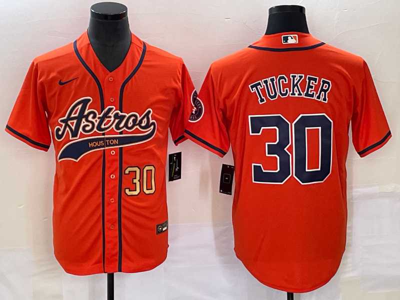Men's Houston Astros #30 Kyle Tucker Number Orange With Patch Cool Base Stitched Baseball Jersey